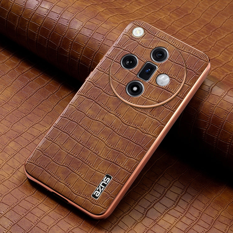 For OPPO Find X7 Ultra AZNS Electroplated Frame Crocodile Texture Full Coverage Phone Case(Brown)