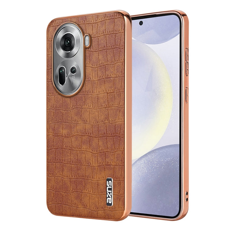 Pour OPPO Reno11 Global AZNS Coque de téléphone à couverture complète avec cadre électrolytique et texture crocodile (marron)