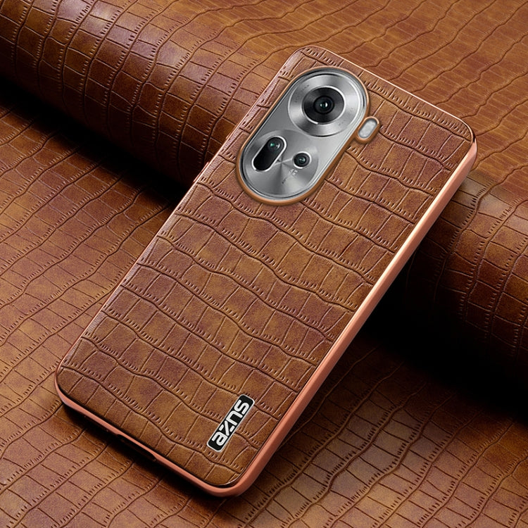 Pour OPPO Reno11 Global AZNS Coque de téléphone à couverture complète avec cadre électrolytique et texture crocodile (marron)