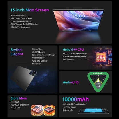 Teclast T65 Max Tablet PC 13 inch, 8GB+256GB,  Android 15 MediaTek Helio G99 Octa Core, 4G LTE Dual SIM
