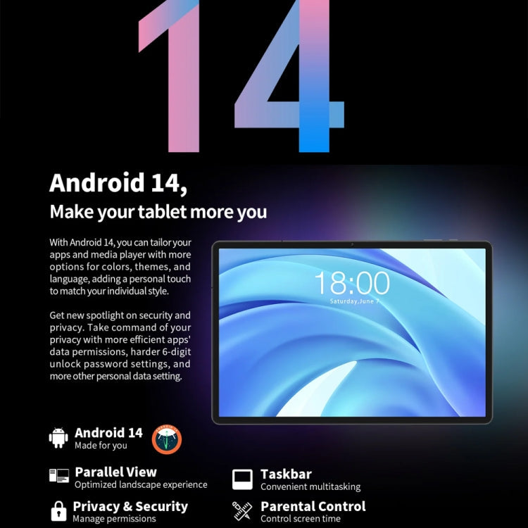 Tablette PC Teclast T50HD 11 pouces, 6 Go + 256 Go, Android 14 Unisoc T606 Octa Core, 4G LTE Double SIM