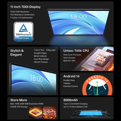 Tablette PC Teclast T50HD 11 pouces, 6 Go + 256 Go, Android 14 Unisoc T606 Octa Core, 4G LTE Double SIM