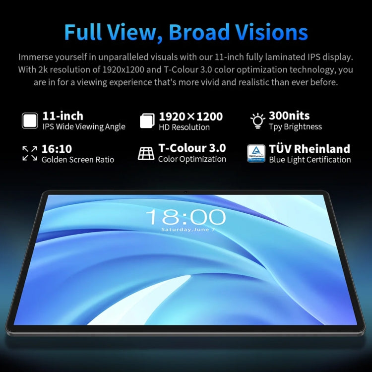 Tablette PC Teclast T50HD 11 pouces, 6 Go + 256 Go, Android 14 Unisoc T606 Octa Core, 4G LTE Double SIM