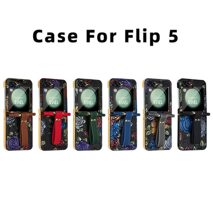 For Samsung Galaxy Z Flip5 VIETAO Integrated Embossed Pattern Full Coverage Phone Case with Wrist Strap(Black)