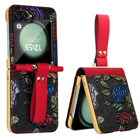 For Samsung Galaxy Z Flip5 VIETAO Integrated Embossed Pattern Full Coverage Phone Case with Wrist Strap(Red)