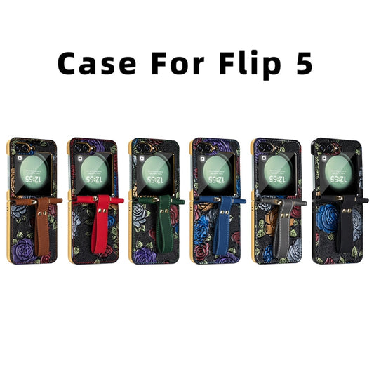 For Samsung Galaxy Z Flip5 VIETAO Integrated Embossed Pattern Full Coverage Phone Case with Wrist Strap(Grey)