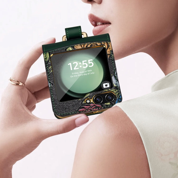 For Samsung Galaxy Z Flip5 VIETAO Integrated Embossed Pattern Full Coverage Phone Case with Wrist Strap(Blue)