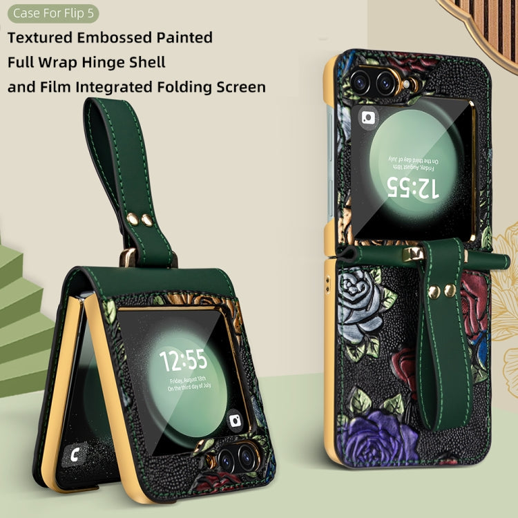 For Samsung Galaxy Z Flip5 VIETAO Integrated Embossed Pattern Full Coverage Phone Case with Wrist Strap(Green)