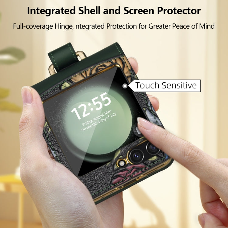 For Samsung Galaxy Z Flip5 VIETAO Integrated Embossed Pattern Full Coverage Phone Case with Wrist Strap(Green)