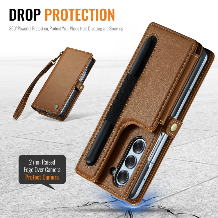 Pour Samsung Galaxy Z Fold6 5G Coque Téléphone en Cuir CaseMe C22 PC+TPU Style Affaires Antivol RFID avec Fente pour Stylo (Marron)