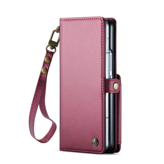 For Samsung Galaxy Z Fold6 5G CaseMe C22 PC+TPU Business Style RFID Anti-theft Lanyard Leather Phone Case with Pen Slot(Wine Red)