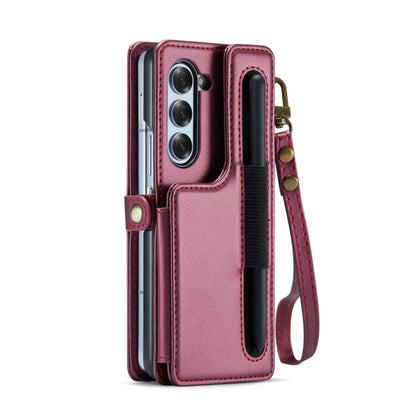 For Samsung Galaxy Z Fold6 5G CaseMe C22 PC+TPU Business Style RFID Anti-theft Lanyard Leather Phone Case with Pen Slot(Wine Red)