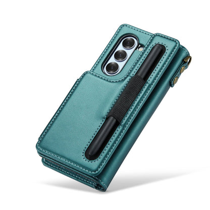For Samsung Galaxy Z Fold6 5G CaseMe C22 PC+TPU Business Style RFID Anti-theft Lanyard Leather Phone Case with Pen Slot(Blue Green)
