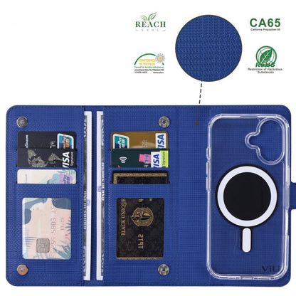 Pour iPhone 16 Étui en cuir à rabat magnétique MagSafe RFID ViLi série GHA-C (Bleu)