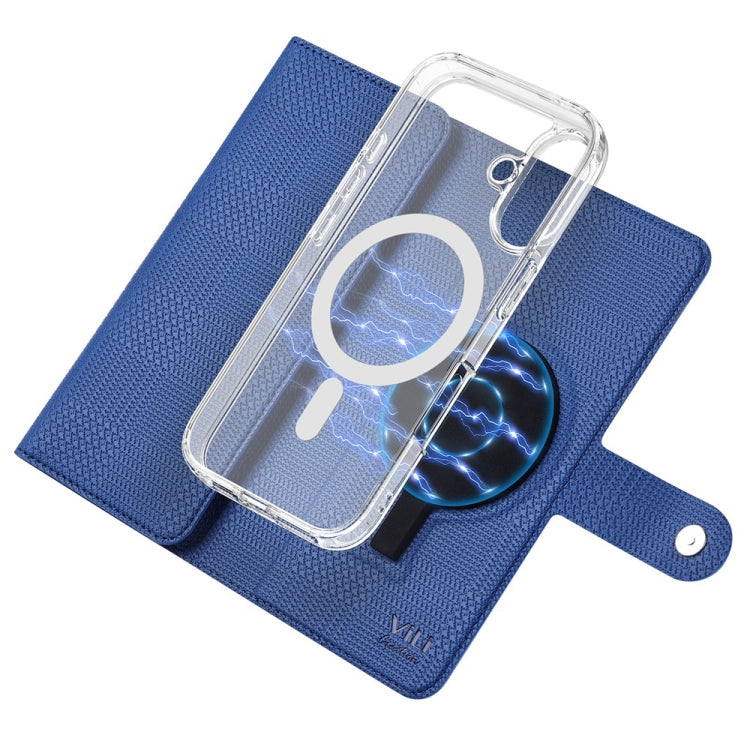 Pour iPhone 16 Étui en cuir à rabat magnétique MagSafe RFID ViLi série GHA-C (Bleu)