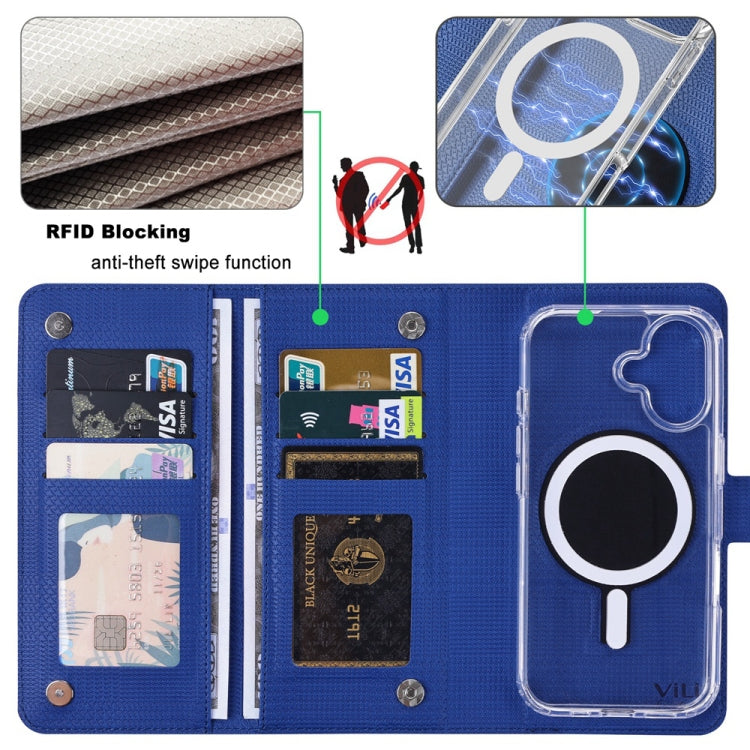 Pour iPhone 16 Étui en cuir à rabat magnétique MagSafe RFID ViLi série GHA-C (Bleu)