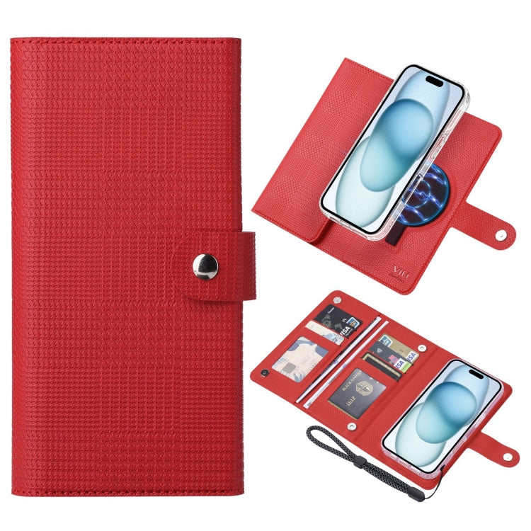 Pour iPhone 15 Plus Étui de Téléphone en Cuir à Rabat Magnétique MagSafe RFID Série ViLi GHA-C (Rouge)