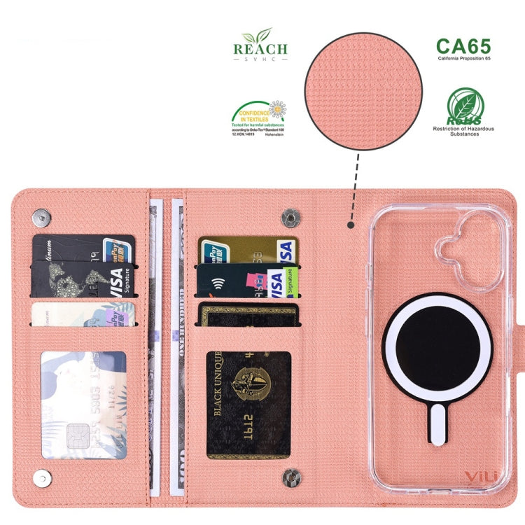 Pour iPhone 15 Pro Max Étui de téléphone en cuir à rabat magnétique MagSafe RFID de la série ViLi GHA-C (Rose)