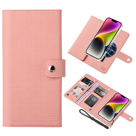 Pour iPhone 14 Plus Étui portefeuille magnétique en cuir à rabat ViLi série GHA-C RFID MagSafe (Rose)
