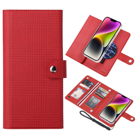 Pour iPhone 14 Plus Étui portefeuille magnétique en cuir à rabat RFID de la série ViLi GHA-C (Rouge)
