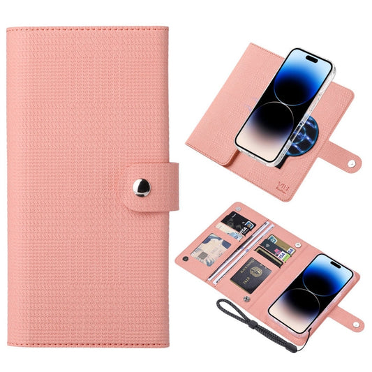 Pour iPhone 14 Pro Max Étui portefeuille magnétique en cuir avec rabat RFID MagSafe de la série ViLi GHA-C (rose)
