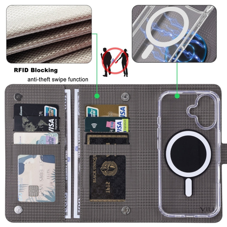 Pour iPhone 13 Pro Étui en Cuir Véritable avec Rabat Magnétique MagSafe RFID Série ViLi GHA-C (Gris)