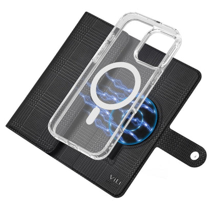 Pour iPhone 15 Pro Max Étui Portefeuille en Cuir Magnétique MagSafe avec Blocage RFID Série ViLi GHB-C (Noir)