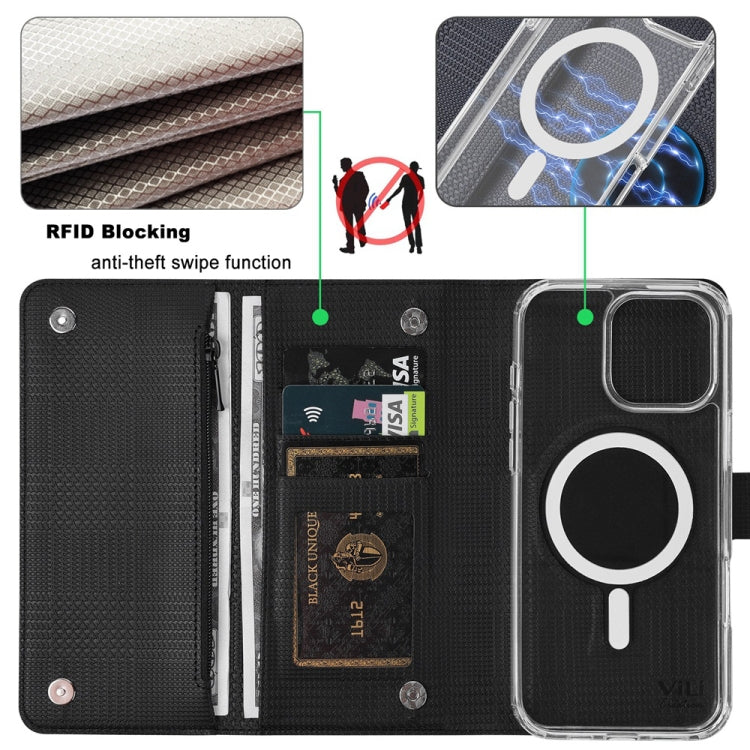 Pour iPhone 15 Pro Max Étui Portefeuille en Cuir Magnétique MagSafe avec Blocage RFID Série ViLi GHB-C (Noir)