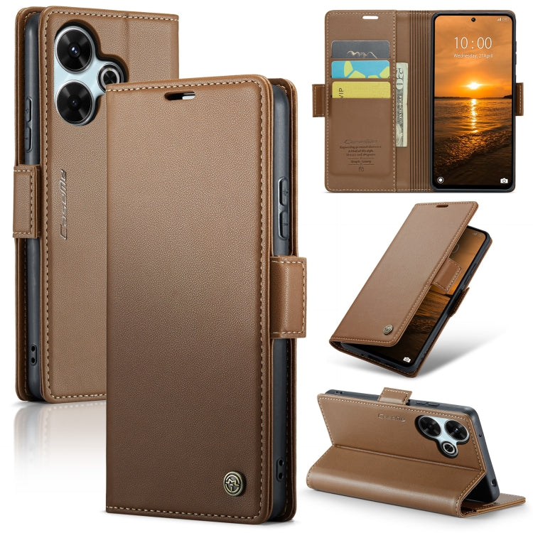 For Redmi 13 CaseMe 023 Butterfly Buckle Litchi Texture RFID Anti-theft Leather Phone Case(Brown)