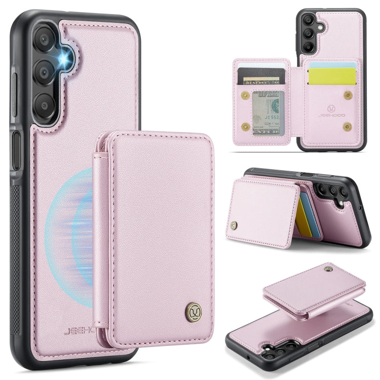 Pour étui de téléphone en cuir RFID de style magnétique d'affaires JEEHOOD J05 pour Samsung Galaxy A15 (rose)