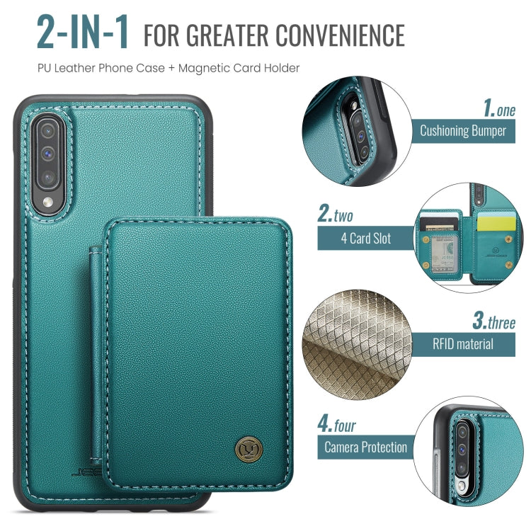 For Samsung Galaxy A50 JEEHOOD J05 Business Magnetic Style RFID Leather Phone Case(Blue Green)