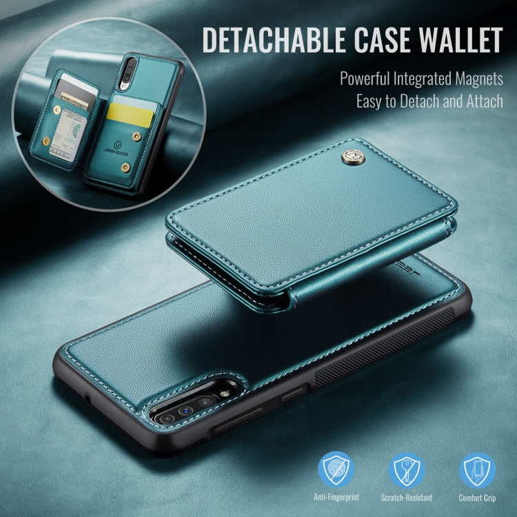 For Samsung Galaxy A50 JEEHOOD J05 Business Magnetic Style RFID Leather Phone Case(Blue Green)