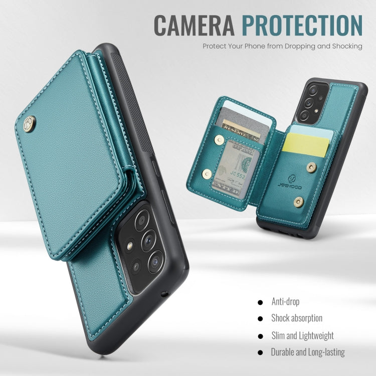 Pour Samsung Galaxy A52 5G / A52 4G JEEHOOD J05 Étui portefeuille en cuir RFID à rabat magnétique (Bleu Vert)