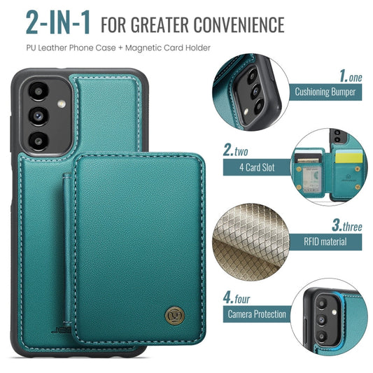 Pour étui de téléphone en cuir RFID de style magnétique professionnel JEEHOOD J05 pour Samsung Galaxy A13 5G (bleu vert)