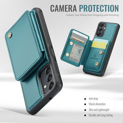 Pour Samsung Galaxy A24 4G JEEHOOD J05 Étui de téléphone en cuir RFID style professionnel magnétique (Bleu Vert)