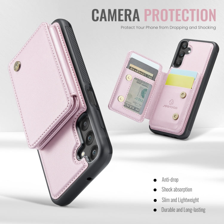 Pour Samsung Galaxy A25 JEEHOOD J05 Étui de Téléphone en Cuir RFID Style Magnétique Business (Rose)