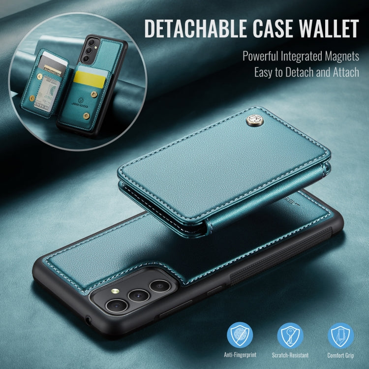 Pour Samsung Galaxy A34 5G JEEHOOD J05 Étui portefeuille en cuir style affaires magnétique RFID (Bleu Vert)