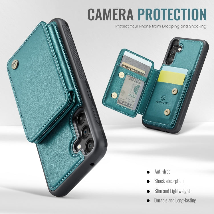 Pour Samsung Galaxy A55 5G JEEHOOD J05 Étui de téléphone en cuir RFID style professionnel magnétique (bleu vert)