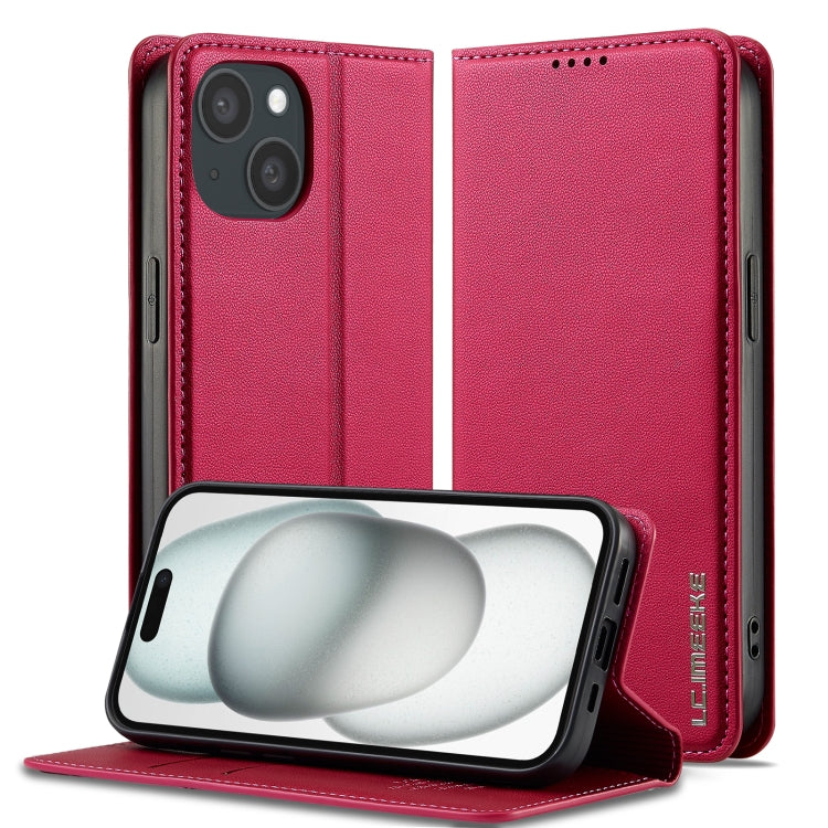 For iPhone 15 LC.IMEEKE L1 Series Frosted Fine Texture PU Phone Case(Red)