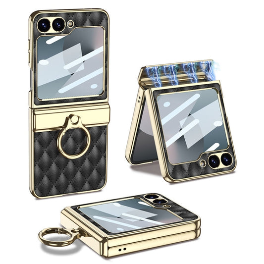 For Samsung Galaxy Z Flip6 / Flip7 FE GKK Rhombus Pattern Integrated Electroplated Leather Phone Case with Ring(Black)