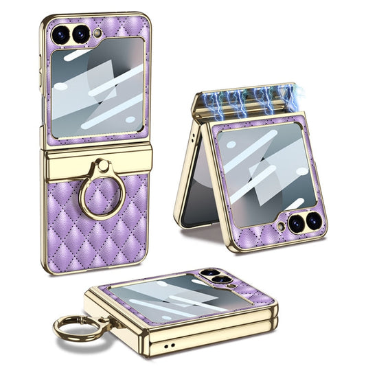 For Samsung Galaxy Z Flip6 / Flip7 FE GKK Rhombus Pattern Integrated Electroplated Leather Phone Case with Ring(Purple)