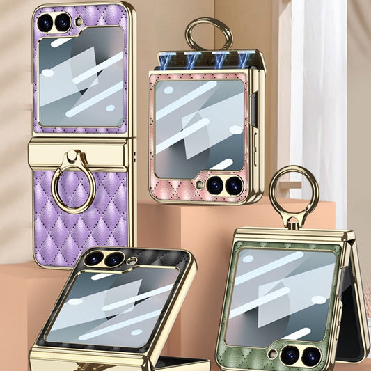 For Samsung Galaxy Z Flip6 / Flip7 FE GKK Rhombus Pattern Integrated Electroplated Leather Phone Case with Ring(Dark Green)