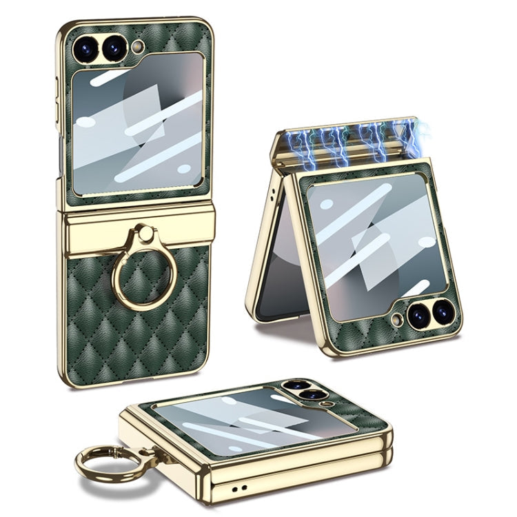 For Samsung Galaxy Z Flip6 / Flip7 FE GKK Rhombus Pattern Integrated Electroplated Leather Phone Case with Ring(Dark Green)