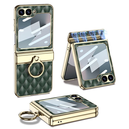 For Samsung Galaxy Z Flip6 / Flip7 FE GKK Rhombus Pattern Integrated Electroplated Leather Phone Case with Ring(Dark Green)