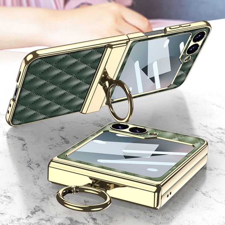 For Samsung Galaxy Z Flip6 / Flip7 FE GKK Rhombus Pattern Integrated Electroplated Leather Phone Case with Ring(Green)
