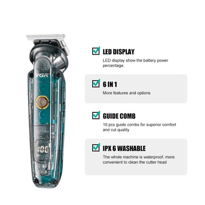 VGR V-102 6 in 1 USB Transparent Digital Display Professional Hair Clipper Set