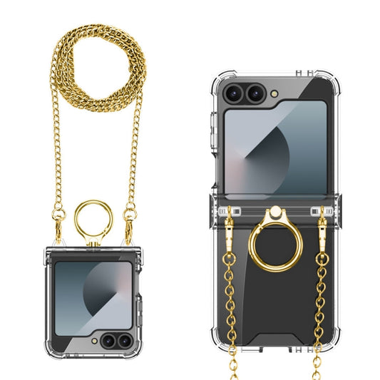 For Samsung Galaxy Z Flip6 / Flip7 FE GKK Clear Airbag Hinge Full Coverage Phone Case with Ring / Metal Chain(Gold)