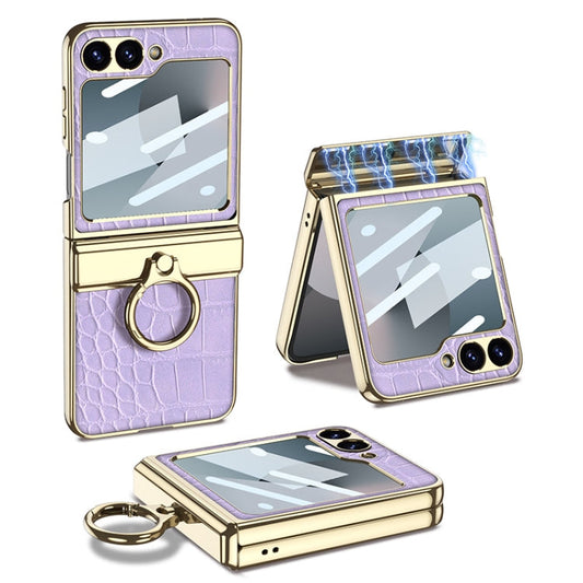 For Samsung Galaxy Z Flip7 FE / Flip6 GKK Integrated Electroplated Crocodile Texture Leather Phone Case with Ring(Purple)