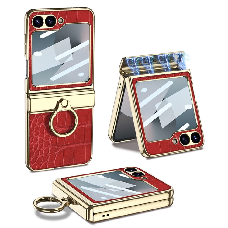 For Samsung Galaxy Z Flip7 FE / Flip6 GKK Integrated Electroplated Crocodile Texture Leather Phone Case with Ring(Red)