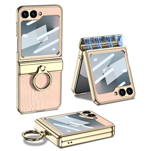 For Samsung Galaxy Z Flip7 FE / Flip6 GKK Integrated Electroplated Crocodile Texture Leather Phone Case with Ring(Pink)